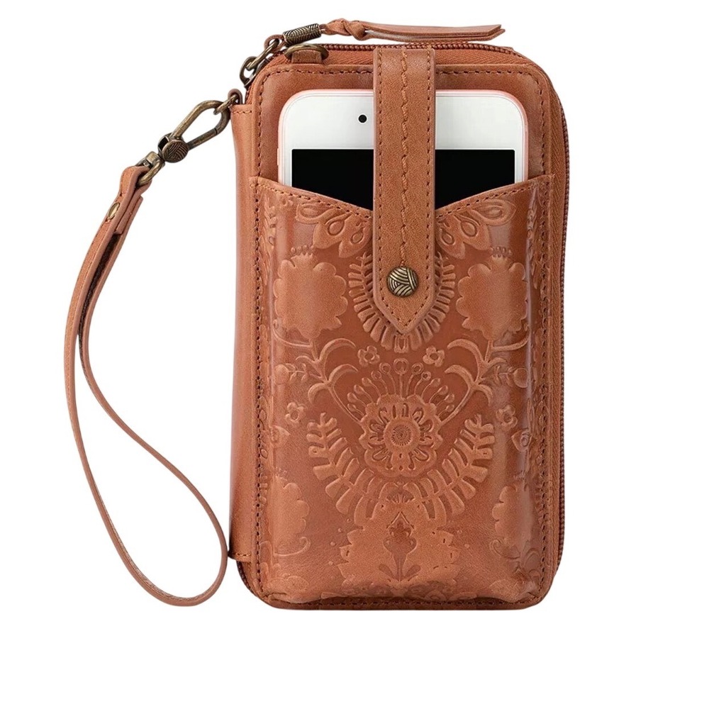 The Sak Silverlake Smartphone Crossbody Tan Leather Floral Embossed Wallet Bag - Picture 2 of 14